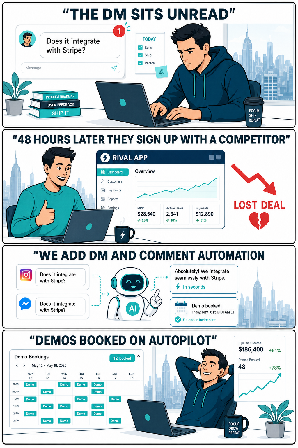 Four-panel comic showing a New York SaaS founder losing a lead: a DM asking 'Does it integrate with Stripe?' sits unread, the prospect signs up with a competitor 48 hours later, then DM and comment automation replies in seconds and books demos on autopilot.