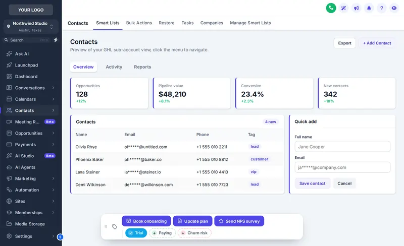 Contact actions bar on a GoHighLevel contact with Trial, Paying and Churn risk tags plus Book onboarding and Update plan buttons