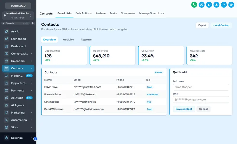 GoHighLevel contacts page restyled with the Alpine Glass theme: deep navy sidebar with sky-blue accents and the Side Accent UI kit