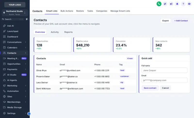 GoHighLevel contacts page restyled with the Slate Corporate theme: slate sidebar and indigo accents